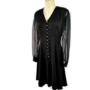 70s Positively Ellen Little Black Dress VNeck Retro Rhinestone Button Front Sz 6